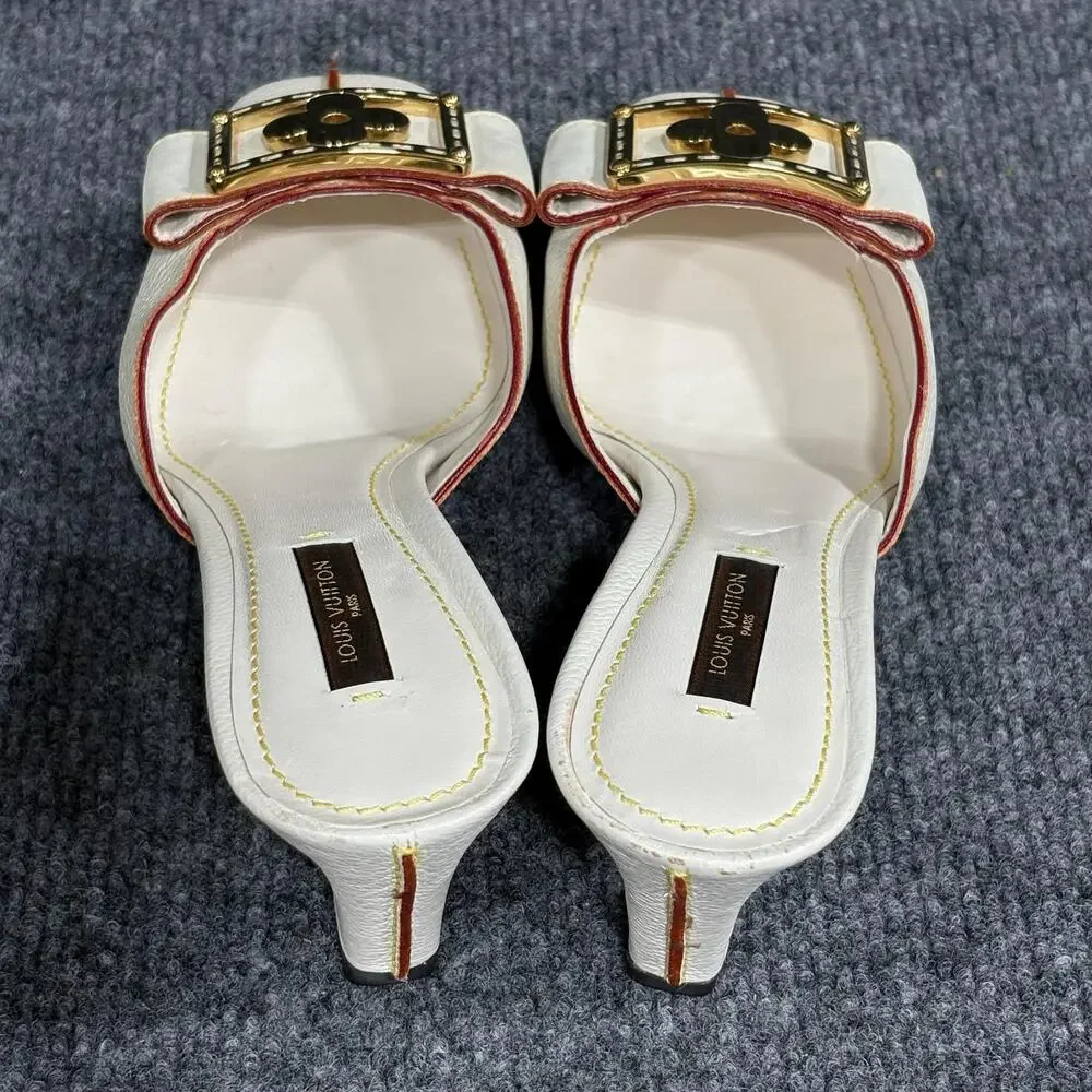 Louis Vuitton Shoes Womens 6 White Suhali Leather Flower Buckle Mule Kitten Heel
